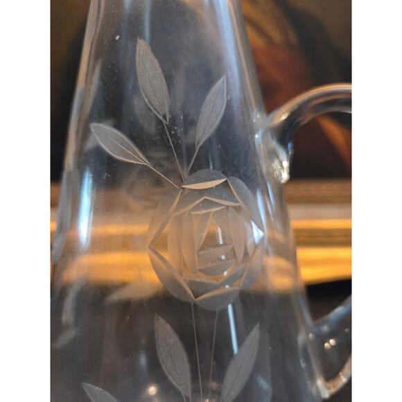 Vintage 1950s Romanian Etched Glass Decanter 17" w/ Stopper Floral Design - Picture 5 of 9